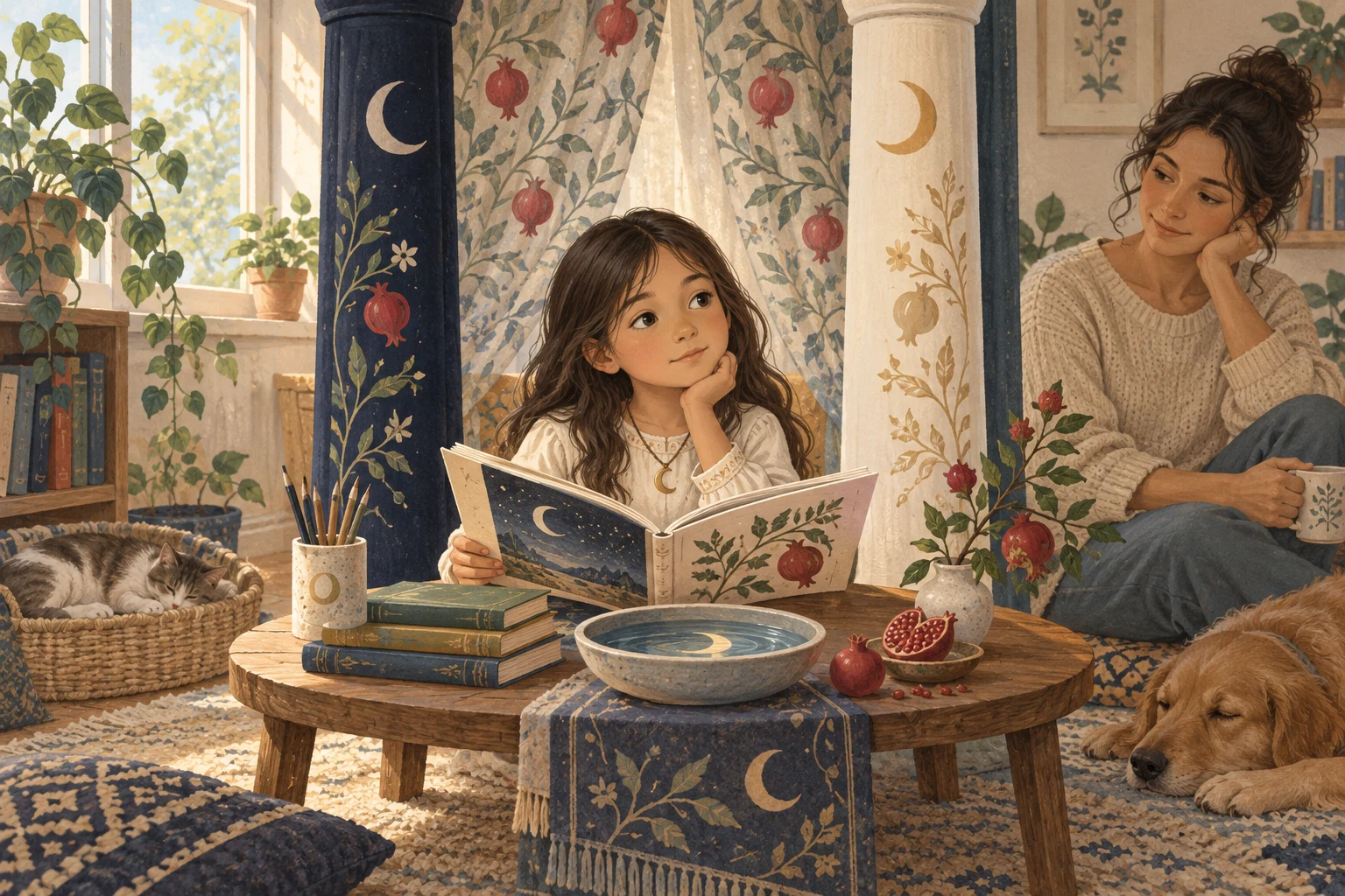 A girl reads a book in moonlight while her mother quietly supports her, symbolising Tarot Arcana 2 the High Priestess