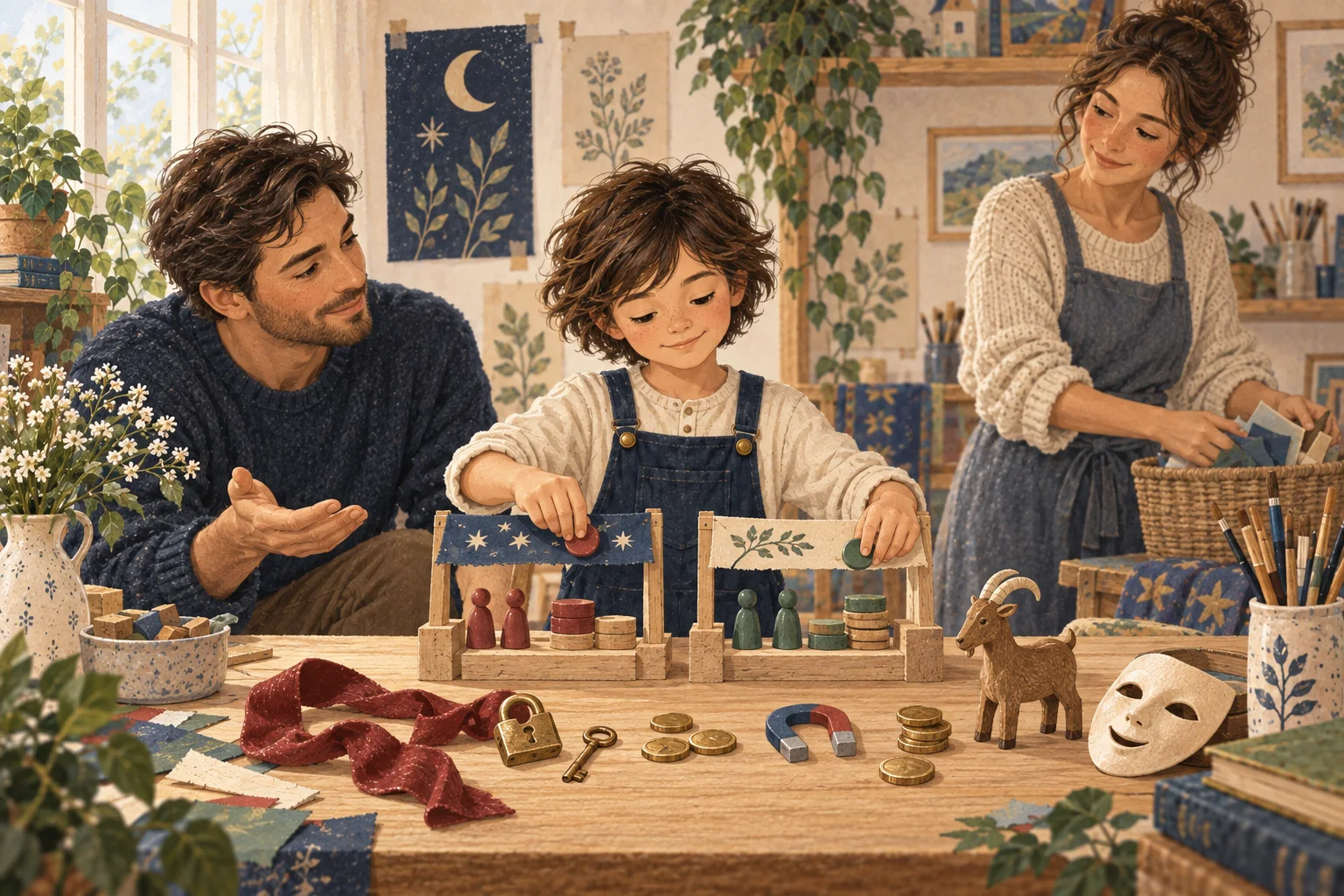 A boy honestly sorts tokens in a pretend shop while his parents support him, symbolising Arcana 15